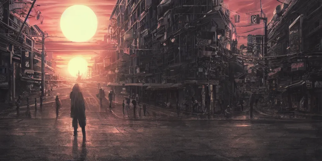 Image similar to lone wanderer in a highly detailed cinematic tokyo suburb, psychedelic, amazing, by feng zhu, wayne barlowe, perfect geometry, hdr, 4 k, hyper - detailed, sharp, beautiful, desaturated, beautiful lighting, oil on canvas, sunset, cinematic composition, trending on artstation, gnomon