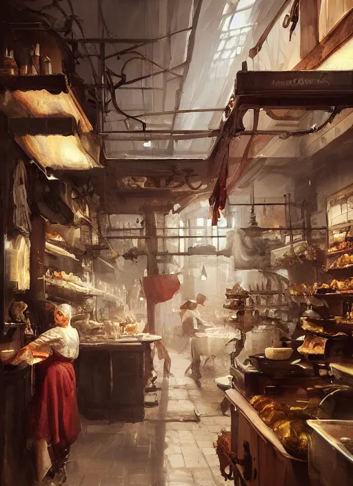 Prompt: a old butcher, bloodstained apron, at a butcher shop, dramatic lighting, dimly lit, medium view, asymmetrical, intricate, elegant, matte painting illustration, by greg rutkowski and greg tocchini and james gilleard and sargent and leyendecker and greg manchess