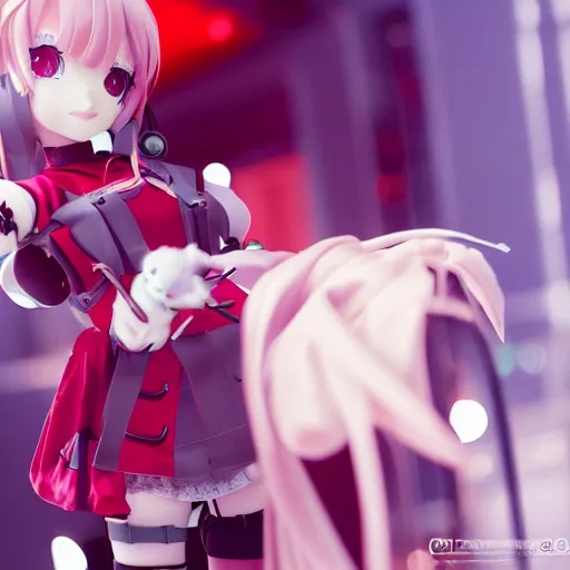 Prompt: cute fumo plush of a girl with prosthetic mechanical arms, red velvet, bokeh, cyberpunk anime girl, vray