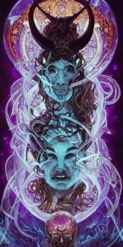 Image similar to intense glowing angry pagan god with horns and tentacles and intense glowing eyes and a skull in very dark cosmic space by karol bak and artgerm and alphonse mucha, portrait, fantasy, clear, light beams, lens flare, intense, uhd, amazing depth, cinematic lighting, purple and teal and indigo and cyan