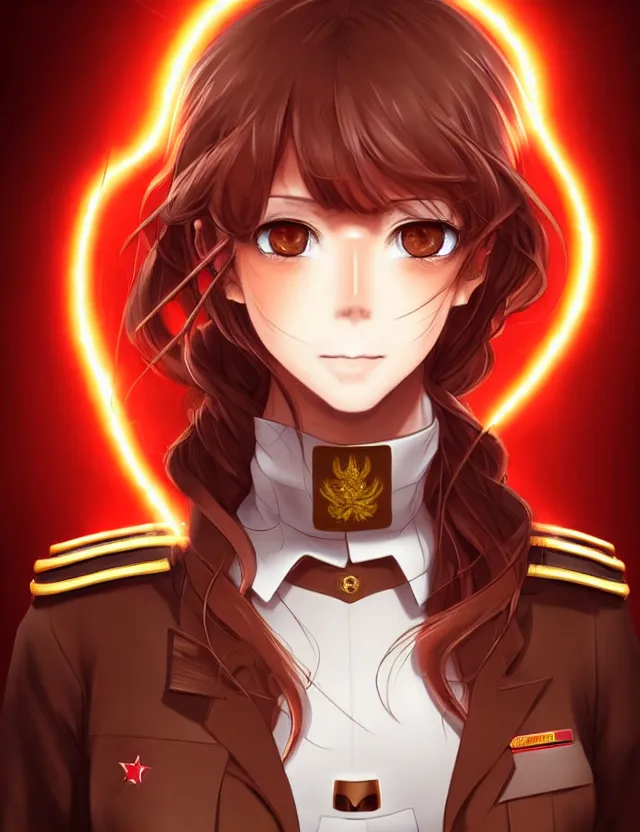 Image similar to a detailed manga portrait of a beautiful brown haired woman in a military uniform glowing with swirling red energy, trending on artstation, digital art, 4 k resolution, detailed, high quality, sharp focus, hq artwork, coherent, insane detail, character portrait