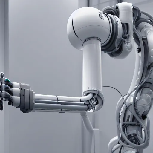 Prompt: abb industrial robot arm in a white clean room with global illumination intricate details wires