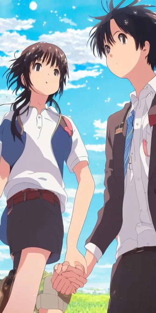 Image similar to a man and a woman holding hands under a beautiful sun drawn like the anime Your Name anime,