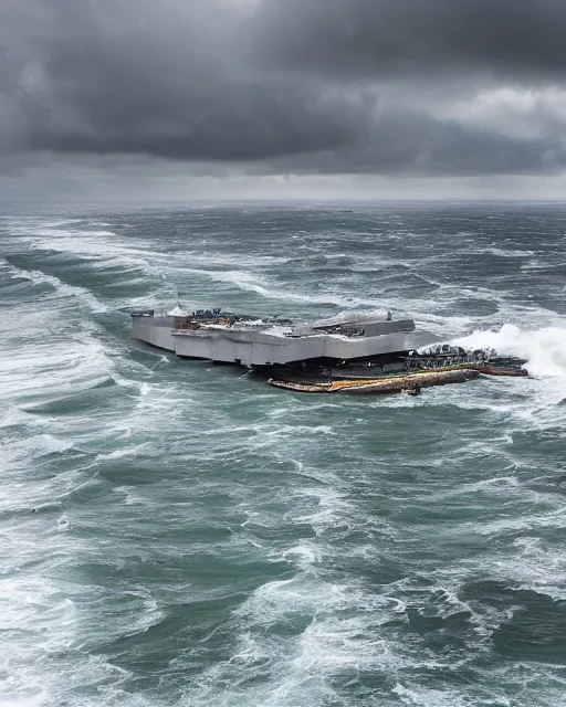 Image similar to view from an aircraft carrier of stormy seas, stormy weather, ultrawide shot, 16mm lens