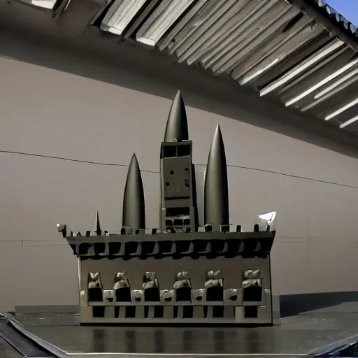 Image similar to photo of a modern metal castle with ballistic missiles on the roof