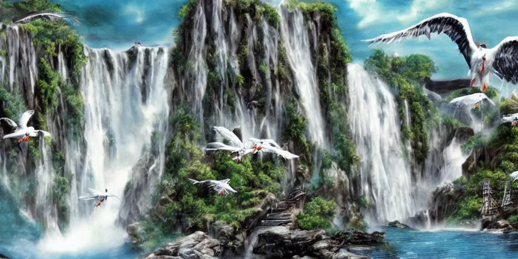 Image similar to a flock of seagulls fly over a majestic waterfall, realistic, detailed,