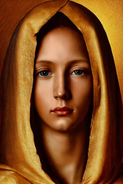 Prompt: hyperrealism close-up portrait of virgin mary, red skin, golden crown, dark background, in style of classicism, hyper detailed