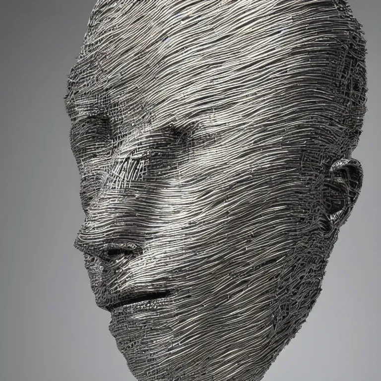 Prompt: sculpture of a head made from stainless steel staples, museum art, high concept, photorealistic!!, high resolution, dramatic lighting!!, modern art