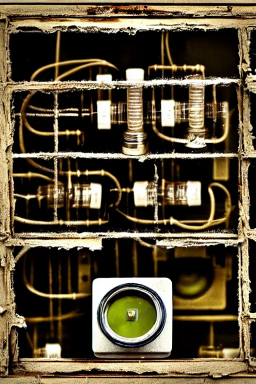 Prompt: A photo of a very old opened camera with vacuum tubes, capacitors and coils inside, through a dirty store window by Wes Anderson, grungy, weathered Ultra detailed, hyper realistic, 4k