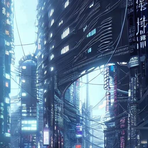 Image similar to Circle portal structure among cyberpunk Tokyo in style of Tsutomu Nihei. Cyberpunk, vertical symmetry, 8K, Highly Detailed, Intricate.