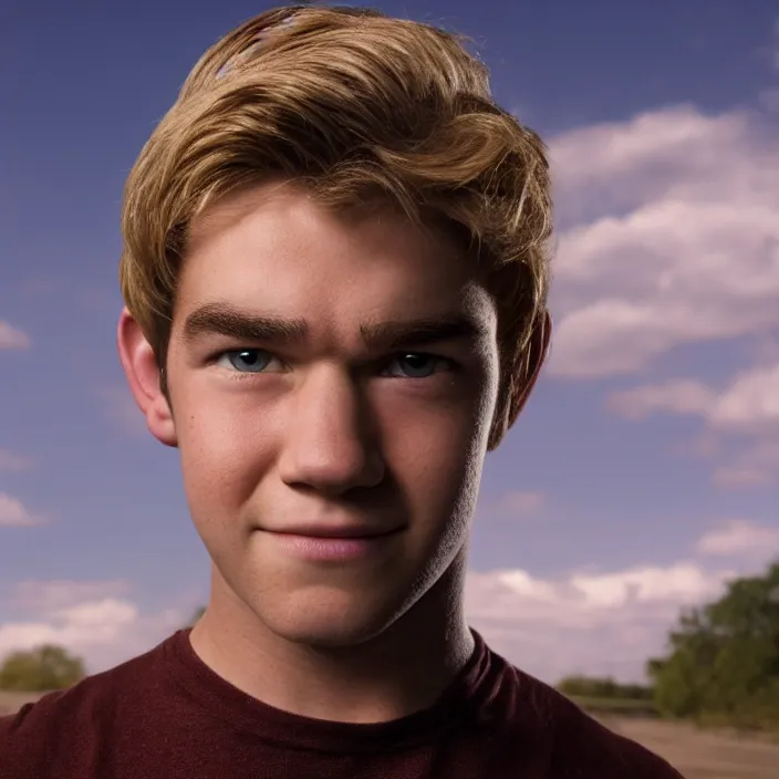 Prompt: portrait of teen antony starr as homelander from the boys ( 2 0 1 9 ), slightly smiling. looking towards the camera, by brandon stanton. blonde hair. detailed, 4 k, morning hour.