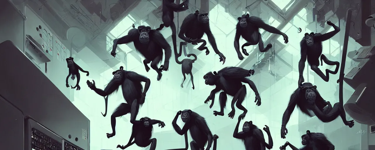 Image similar to duotone noir concept illustration of group wild and crazy chimps ruining inside of modern office computer rooms, octane render, concept hideo kojima surreal atmosphere, volumentric lighting. cosmic horror. accidental renaissance. by sachin teng and sergey kolesov and ruan jia and heng z. graffiti art, scifi, fantasy, hyper detailed. trending on artstation