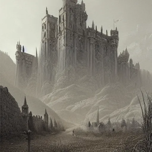 Prompt: a beautifully detailed pencil drawing of grassy plains with huge gothic fortress - palace, by raphael lacoste, by tyler edlin, by john atkinson grimshaw, by hugh ferris, by rainman page, trending on artstation