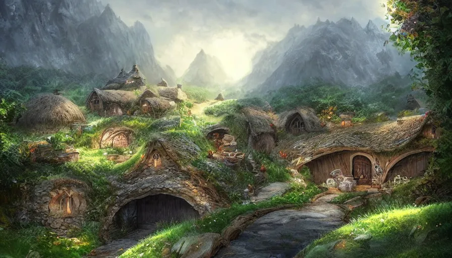 Prompt: concept art of a beautiful hobbit village, digital art, trending on artstation