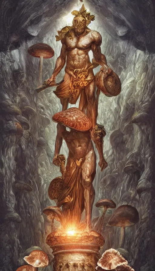 Prompt: a masterpiece hyperdetailed dnd tarot card, magnificent mushroom deity as depicted in a colossal greek marble statue ( with godlike bodybuilder physique ), hd tarot card depicting monumental statue of a mushroom god with cute large mushroom hat, hdr, 8 k, artstationhq, digital art by greg rutkowski and wayne barlowe