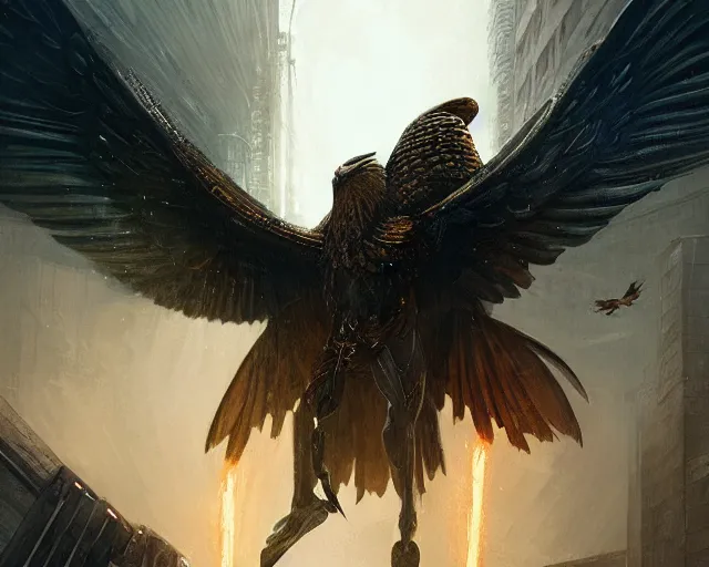 Prompt: a gigantic egyptian god fighting a huge eagle in blade runner los angeles, intricate, elegant, highly detailed, digital painting, artstation, concept art, matte, sharp focus, illustration, art by anders zorn and greg rutkowski and marvel