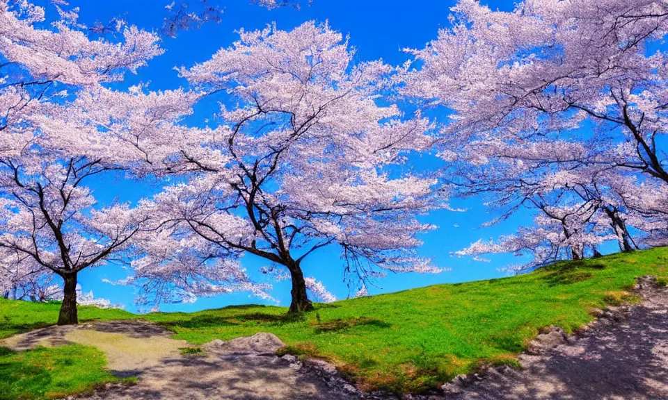 Prompt: a beautiful landscape, cherry trees, blue sky, anime style