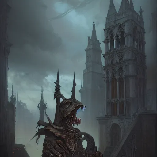 Image similar to A digital painting of a Grim Reapper, ancient catedral behind her, intricate, cinematic lighting, highly detailed, digital painting, Artstation, concept art, smooth, sharp focus, illustration, art by Tom Bagshaw, Artgerm and Greg Rutkowski