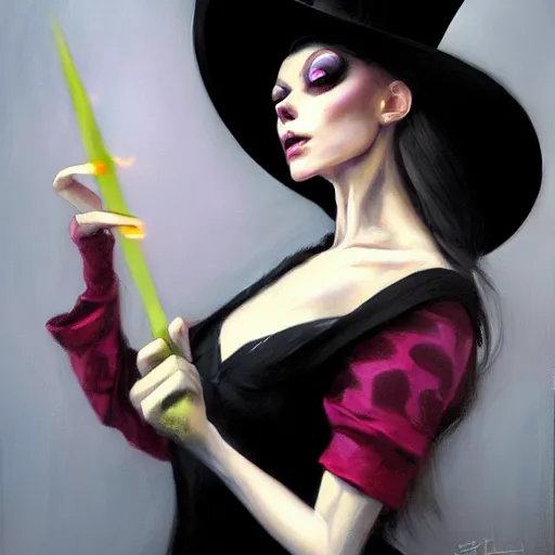 Image similar to oil painting of a rabbit dressed like a female magician holding a magic wand and a top hat, urban fantasy art by seb mckinnon, artstation npc character design, top - rated