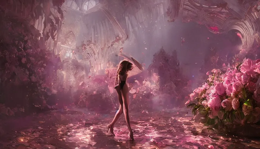 Image similar to victoria secret runway show, light, shadows, reflections, flowers, epic composition, intricate, elegant, volumetric lighting, digital painting, highly detailed, artstation, sharp focus, illustration, concept art, ruan jia, steve mccurry, greg rutkowski, mina petrovic, timothy kong, marina federovna, concept art, iconic