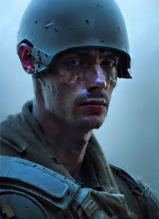 Prompt: closeup realistic portrait of a dystopian soldier in apocalyptic environment, backlit, oil painting, concept art, filip hodas, john howe, mike winkelmann, jessica rossier, andreas rocha, bruce pennington, albert bierstadt, peter mohrbacher, donato giancola, joseph christian leyendecker, wlop, boris vallejo