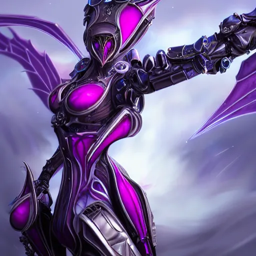 Image similar to highly detailed exquisite fanart, of a beautiful female warframe, but as an anthropomorphic robot dragon with glowing purple eyes, shiny silver sleek armor with fuchsia accents, engraved, elegant pose, close-up shot, full shot, epic cinematic shot, sharp claws for hands, long tail, professional digital art, high end digital art, singular, realistic, DeviantArt, artstation, Furaffinity, 8k HD render