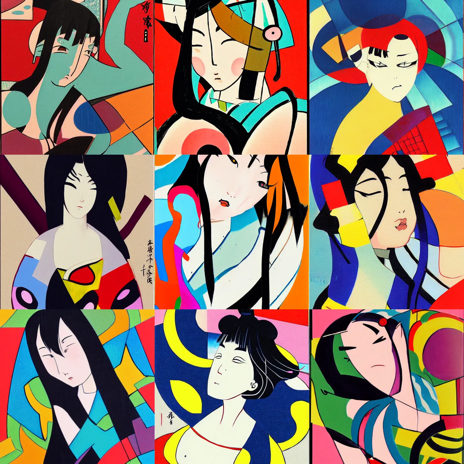 Prompt: thick painting of abstract Japanese cute anime girl in the style of cubism and ukiyoe