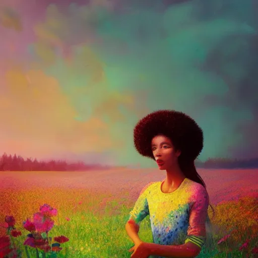 Prompt: girl with flower afro, standing in a field with flowers, surreal photography, hills, big trees, sunrise dramatic light, impressionist painting, colorful clouds, digital painting, pointillism, artstation, simon stalenhag