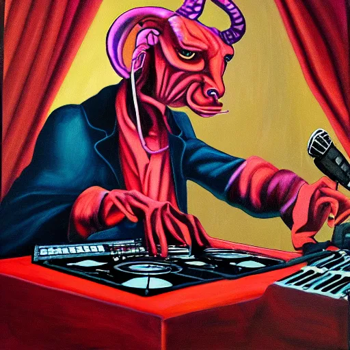 Prompt: painting of the devil as a dj with hand on record spinning