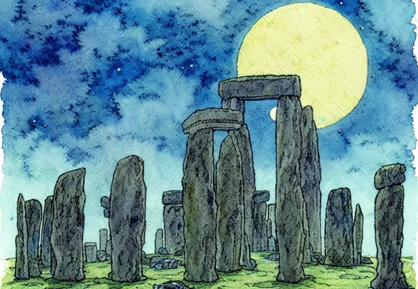 Image similar to a simple watercolor studio ghibli movie still fantasy concept art of a giant druid standing in stonehenge in the ocean. it is a misty starry night. by rebecca guay, michael kaluta, charles vess