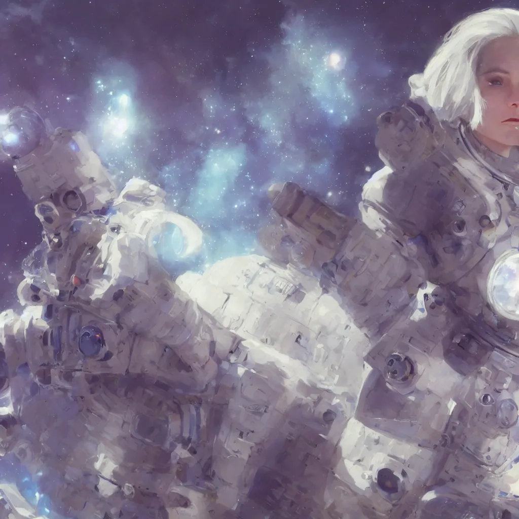 Image similar to portrait of a blue-eyed girl with white hair in a space suit against the background of space, painting by Craig Mullins, octane rendering, soft morning lighting, wide angle lens, in the style of Hayao Miyazaki, trending on artstation,