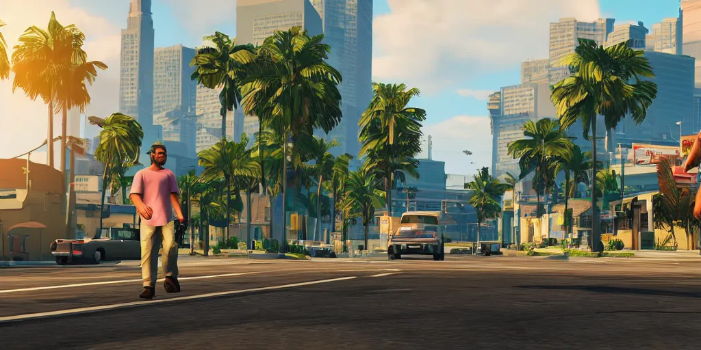 Prompt: Screenshot of Grand Theft Auto VI, Vice City, Official gameplay reveal trailer