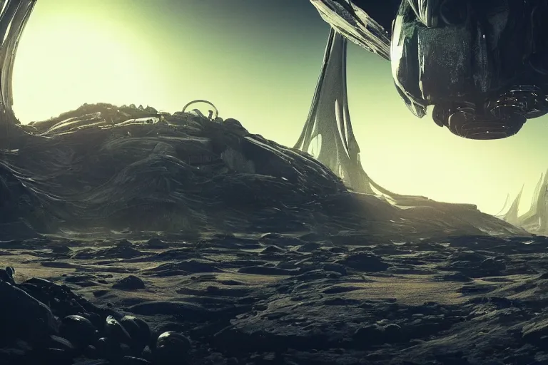 Image similar to an alien outpost with tall detailed structures with lights in the night sky on an alien planet, incredible detail, anamorphic, cinematic lens flare, ultrarealistic!!!