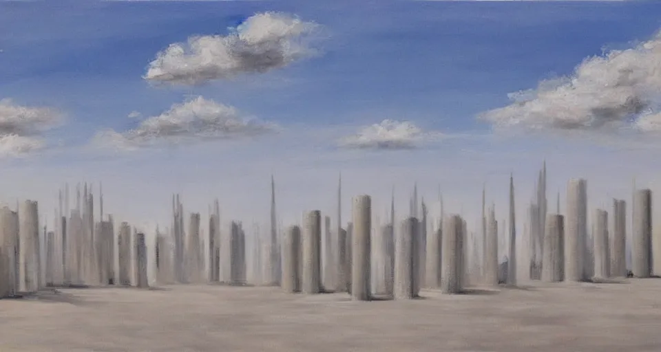 Prompt: world of only concrete, a flat endless plane of concrete covered in thin, very tall concrete pillars talk enough to go above the frame that go on to the horizon, open sky, blue sky with clouds, god rays, beautiful painting, oil on canvas, by Ewa Czarniecka, award winning masterpiece,