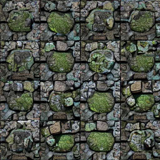 Prompt: pbr albedo texture of cobblestone pavement with moss between the cracks, substance designer, stylized, zbrush, top view with no perspective