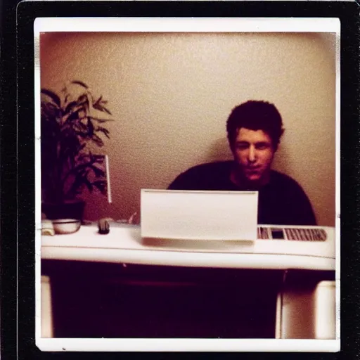 Image similar to Detailed polaroid photograph of a guy sitting at his 80s computer late at night in a dark room with only the screen lighting up the room