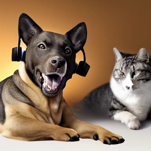 Prompt: a photorealistic dog and cat wearing headphones smiling, 8 k resolution, studio lighting, highly detailed, hyperrealism, realistic