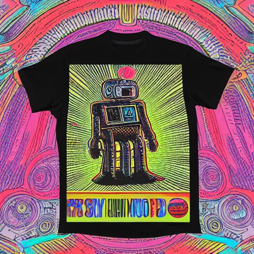 Image similar to mockup of a black tshirt with a hyperdetailed portrait of a steampunk robot by robert crumb, 8 k, symetrical, flourescent colors, happy trippy mood, multicolored,