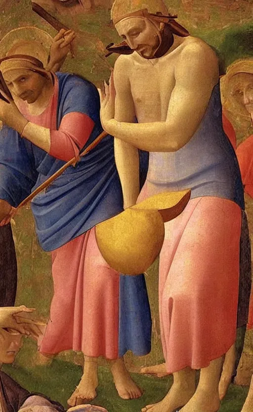 Image similar to painting by fra angelico of blindfolded!!!!!! the mocking of christ holding cornucopia!!!! 1 4 4 0 early renaissance painting, fresco! eerie, ominous, distressing