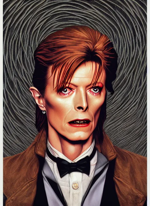 Prompt: twin peaks poster art, portrait of david bowie lost in the maze, other dimension, this is his fate for the next two years, by michael whelan, rossetti bouguereau, artgerm, retro, nostalgic, old fashioned