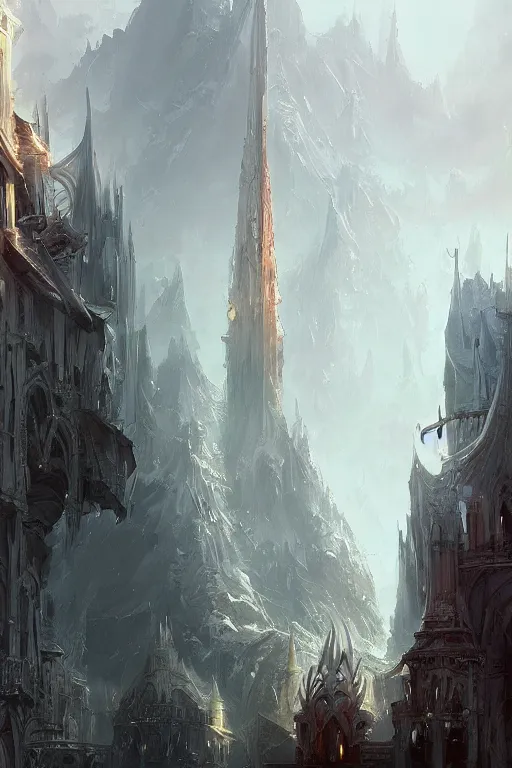 Prompt: street - level view of a magnificent white spire made of polished marble rising above a fantasy city, marc simonetti, anato finnstark, randy vargas, diego gisbert llorens, bayard wu, fantasy concept art, trending on artstation, 4 k, digital painting, beautiful