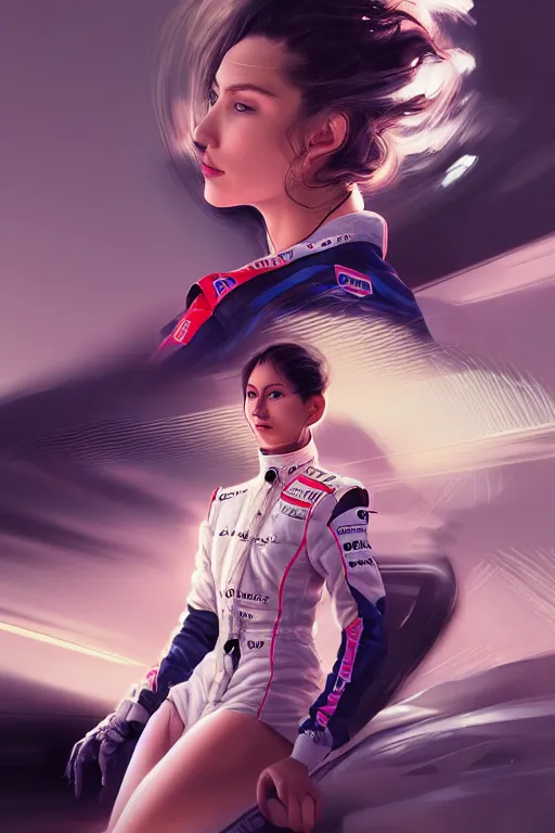 Image similar to portrait beautiful female formula one racer, wearing formula one racer uniform, sitting on a formula one car, ssci-fi, fantasy, intricate, very very beautiful, elegant, human anatomy, neon light, highly detailed, digital painting, artstation, concept art, soft light, smooth, sharp focus, illustration, art by tian zi and WLOP and alphonse mucha