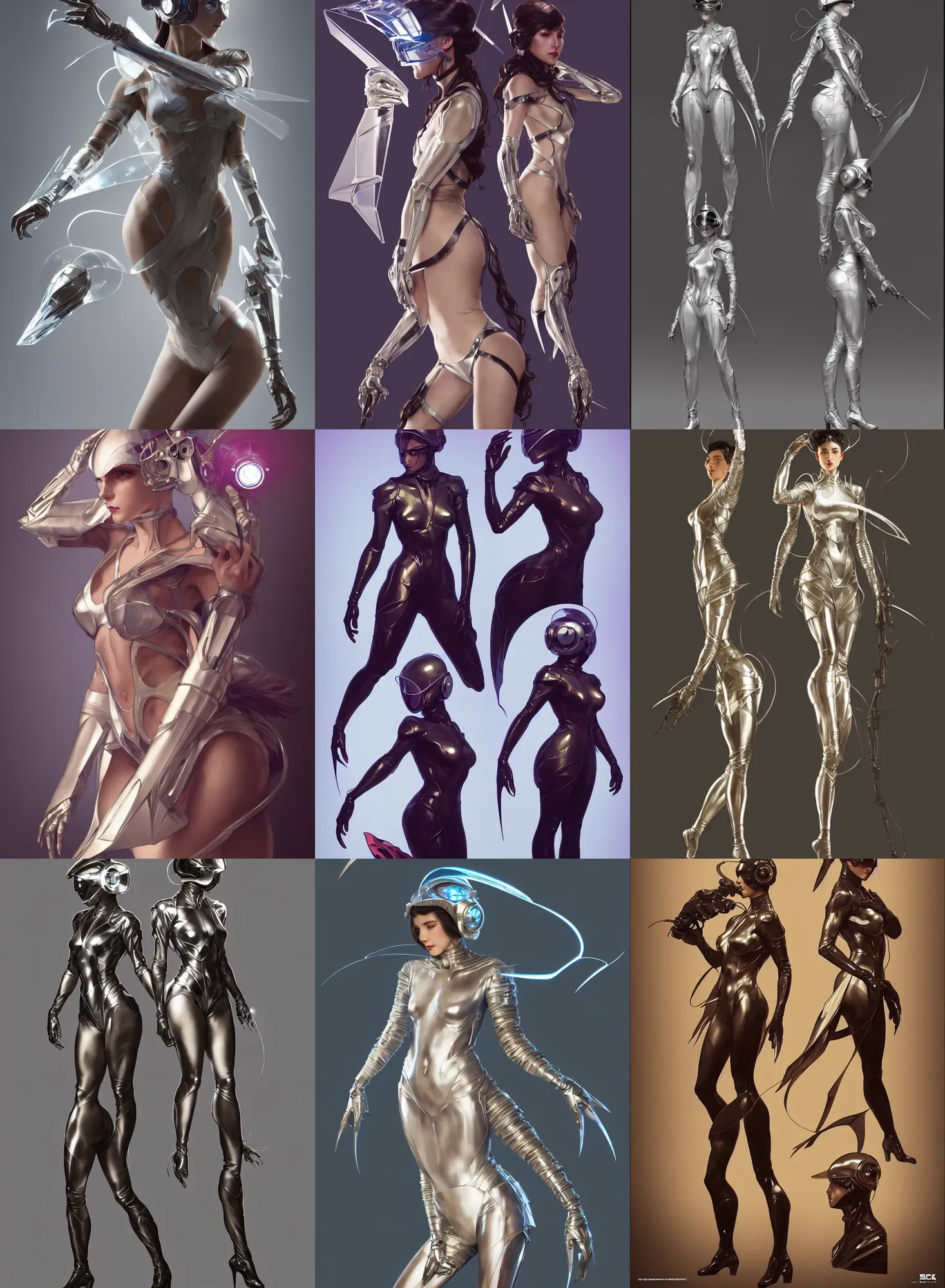 Image similar to a full body character design by artgerm, cushart krenz, greg rutkowski and alphonse mucha. sci - fi dagger. laser and translucent plastic tape project show attctive showgirl!! sci - fi helmet!! sharp edges. ultra clear detailed. contour light effect!! 8 k. ultra detailed, elegant, intricate, octane render.