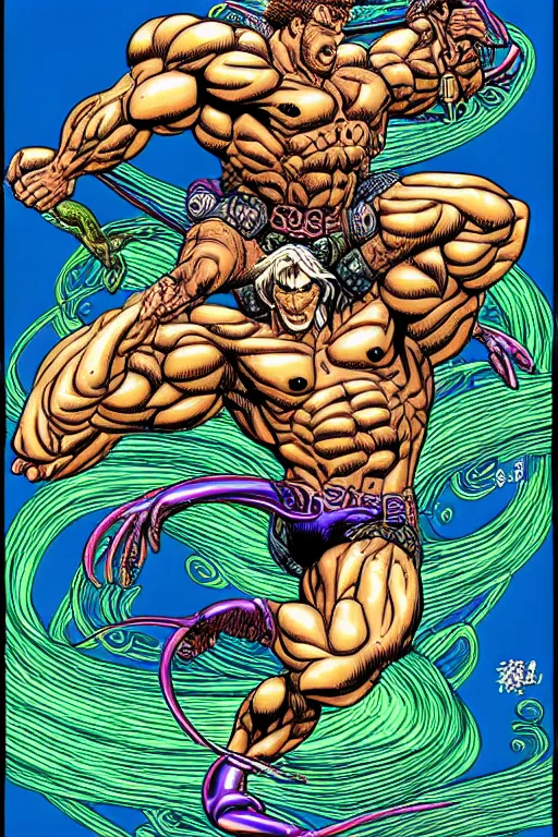 Image similar to illustration of a buff man riding a frog, lightning and static surges around him, intricate linework, in the style of moebius, ayami kojima, 1 9 9 0's anime, retro fantasy