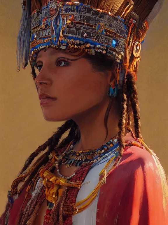 Prompt: an ultradetailed beautiful portrait painting of a girl as an aztec priestess, side view, oil painting, high resolution, by ilya kuvshinov, greg rutkowski and makoto shinkai