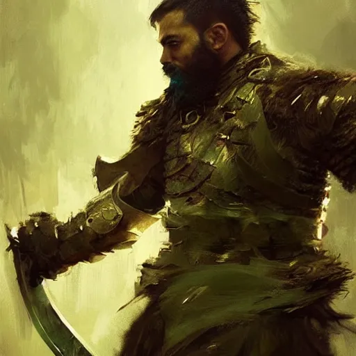 Prompt: A portrait of a fighter with short hair and a beard, dual wielding swords, he wears green scale armor and a cheetah cloak made of cheetah pelt, fantasy, digital art by Ruan Jia, Donglu Yu