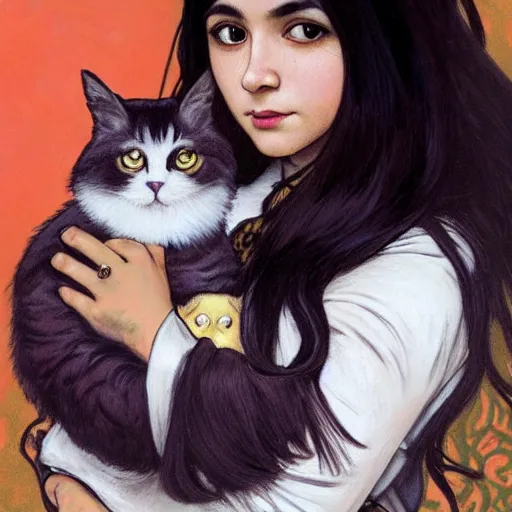 Prompt: cute emo mexican woman, with long dark hair, thick eyebrows!!! dark eyes and dark circles!, wide nose!!!, big eyes, oval face shape, big cheeks!, she is holding a cat in her arms, by juan villafuerte, greg rutkowski and alphonse mucha, pexels contest winner, high quality photo, hd rtx