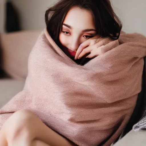 Image similar to photograph of a cute thin young woman, red blush, wearing casual clothes, small smile, relaxing on a couch, cuddling up under a blanket cozy living room, medium shot, 8 k, trending on instagram, photorealistic, trending on pinterest, portra 4 0 0