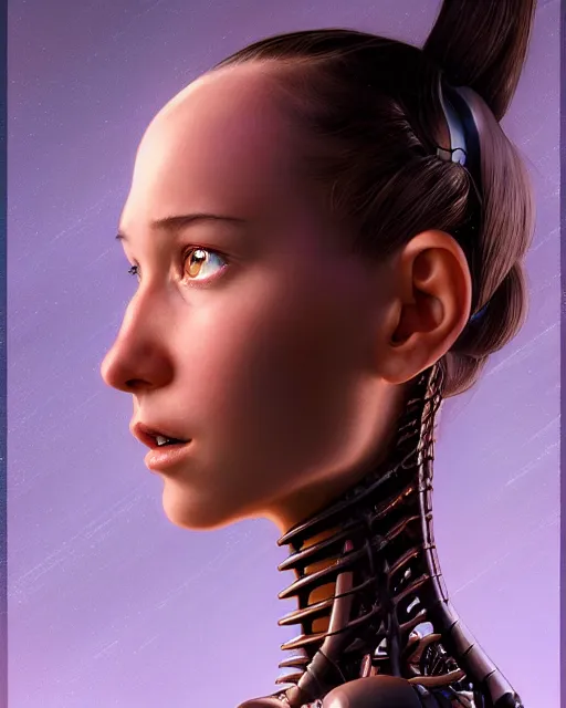 Image similar to weta disney pixar movie still head and torso portrait photo of young millie alicia bobby vikander brown with a white ponytail as thoughtful intricate detailed mechanical translucent cyborg girl opening up her chest by pixar, by weta, wlop, ilya kuvshinov, rossdraws, artgerm, latex, iridescent, bright morning, anime, liosh, mucha