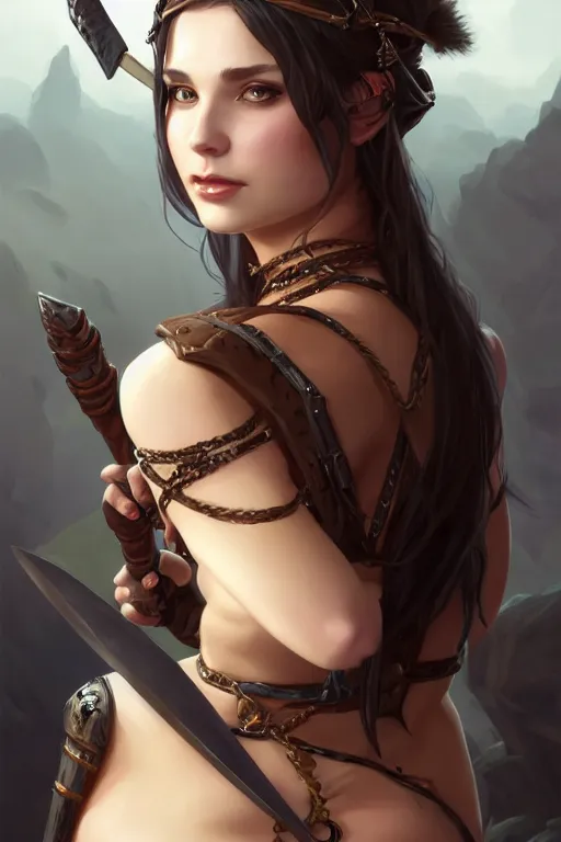 Prompt: Portrait of seductive female barbarian, D&D, revealing stylish dress, choker on neck, long flowing hair, mouth slightly open, slight nerdy smile, fantasy, intricate, elegant, highly detailed, digital painting, artstation, concept art, smooth, sharp focus, illustration, art by artgerm and greg rutkowski and alphonse mucha